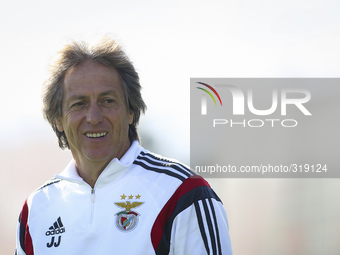 Benfica's coach Jorge Jesus reacts in a training session on the eve of the UEFA Champions League  football match between SL Benfica and Mona...
