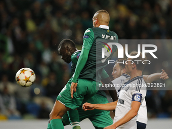 Sporting's forward Islam Slimani heads the ball to score for Sporting during the UEFA Champions League  group G football match between Sport...