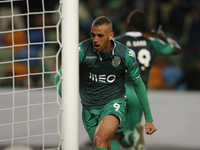 Sporting's forward Islam Slimani celebrates his goal  during the UEFA Champions League  group G football match between Sporting CP and FC Sc...