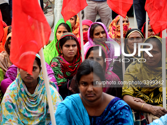 Bangladeshi garments workers held a protest rally demanding to withdrawal false cases of Ashuli's Naz Knit Wear limited workers at in front...
