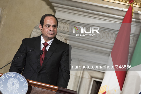 Egyptian President Abdel Fattah al-Sisi during a press conference with Italian Prime Minister Matteo Renzi at Villa Madama in Rome on Novemb...