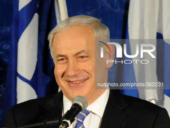 (FILE) A file picture dated January 2, 2012 shows Israeli Prime Minister Benjamin Netanyahu speaking to Likud Party activists after winning...