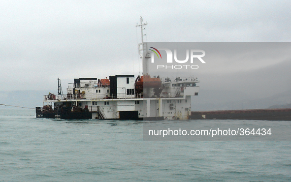 Bulgarian rescue boats supports the sinking Russian cargo ship ELGA1, at the coast near the town of Balchick, after the vessel had experienc...