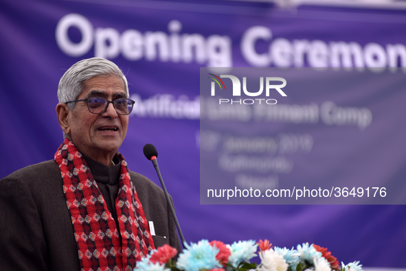 Founder of jaipur foot Dr. Devendra Raj Mehta giving speech during Artificial limb fitment camp in Norvic International Hospital, Kathmandu,...