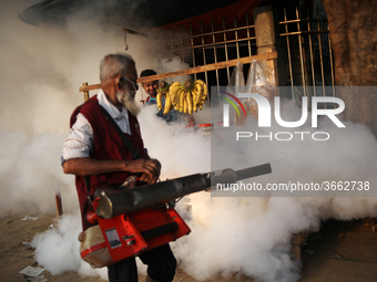 An Employee of Dhaka North City Corporation (DNCC) sprays pesticide for kill mosquitoes on 16 January 2019 in Dhaka University area, Banglad...