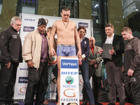 KIEV, UKRAINE - DECEMBER 12, 2014: World heavyweight boxing champion, Olympic champion Oleksandr
 Usyk – Ukraine at the official weigh-in ah...