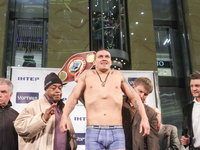 KIEV, UKRAINE - DECEMBER 12, 2014: World heavyweight boxing champion, Olympic champion Oleksandr
 Usyk – Ukraine at the official weigh-in ah...