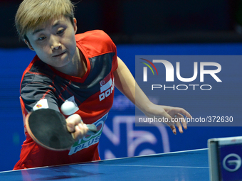 Feng Tianwei of Singapore in actions during Women's single quarter final round of the 2014 ITTF World Tour Grand Finals at Huamark Indoor St...