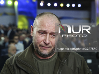 The former leader of the far-right Right Sector organization and the main commander of the Ukrainain Volunteer Army Dmytro Yarosh is seen du...