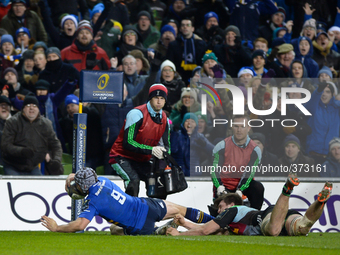 Leinster’s Isaac Boss, scores the opening try, during Leinster Rugby vs Harlequins F.C. rugby match, during the European Rugby Champions Cup...
