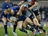 Leinster’s Ian Madigan (Center) tackled by Harlequins ' Nick Easter, during Leinster Rugby vs Harlequins F.C. rugby match, during the Europe...