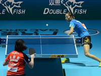 Yu Mengyu of Singapore (Top) competes with Seo Hyowon of South Korea during Women's single semi-final round of the 2014 ITTF World Tour Gran...