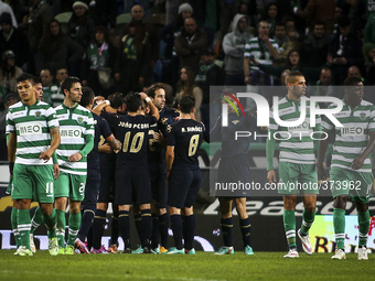 Moreirense players celebrating the goal scored by Moreirense's forward Ramon Cardozo (not seen) during the Portuguese League  football match...