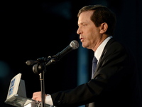 Leader of the Labour party Isaac Herzog speaks at the Labor Party conference in Tel Aviv on December 14, 2014. The Labor Party conference ap...