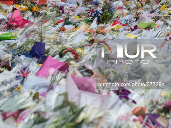 Sydney 17 December 2014 A sea of flowers at a makeshift memorial near the scene of a fatal siege in the heart of Sydney's financial district...