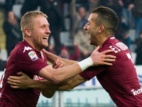 Torino defender Kamil Glik (25) celebrates after scoring his second goal with Torino midfielder Omar El Kaddouri (7) during the Serie A foot...