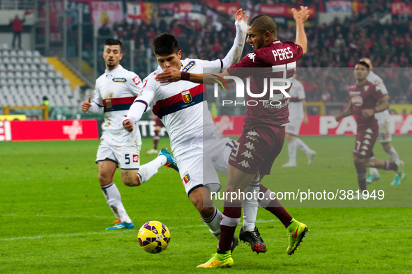 Genoa forward Fernando Llorente (14) fights for the ball against Torino defender Bruno Peres (33) during the Serie A football match n.16 TOR...