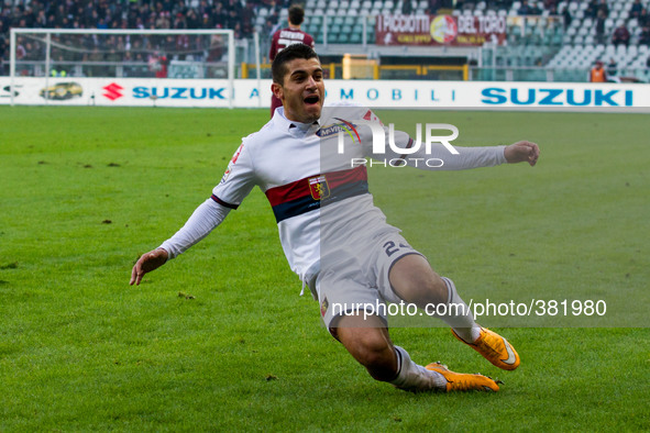Genoa forward Iago Falque (24) celebrates after scoring his goal during the Serie A football match n.16 TORINO - GENOA on 21/12/14 at the St...