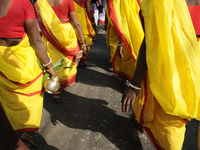 Bengali women wearing traditional yellow and red sari during a NABC 2015 curtain raiser in Kolkata, India on 28th December 2014.
NABC or No...