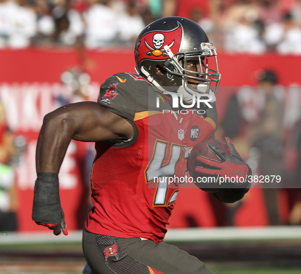 Tampa Bay Buccaneers running back Bobby Rainey (43) returns a kick during the fourth quarter December 28 at Raymond James Stadium in Tampa....