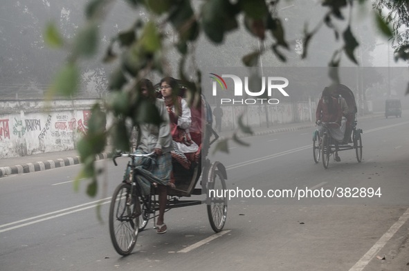 A lady is going to university in the early foggy morning at Dhaka, Bangladesh on 29th September 2014.