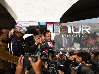 Railway Cabinet Minister Muzibul Hauqe was addressing the media at the accident site on December 28, 2014 in Dhaka, Bangladesh. (
