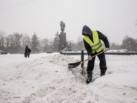 Employee of the communal service removes snow near the monument to Shevchenko, in Kharkov, Ukraine, on December 30, 2014. (