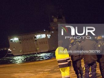 The Italian Navy San Giorgio with rescued passengers of the Norman Atlantic ferry, arrives in Brindisi southern Italy on December 30, 2014....