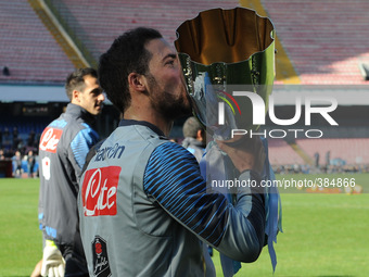 Gonzalo Higuain of SSC Napoli during training and presentation on Supercup Supercoppa won in Doha at San Paolo Stadium on August 29, 2013 in...