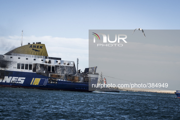 Italian-owned Norman Atlantic ferry arriving at the port of Brindisi, on January 2, 2015. Bari prosecutor Giuseppe Volpe ordered the Italian...