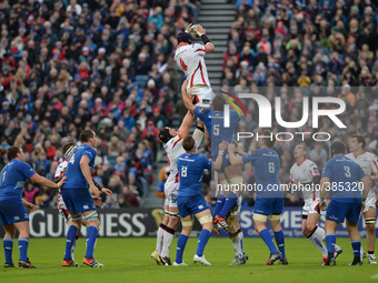 Ulster’s Dan Tuohy in action, wins the touch, during the Guinness PRO12’ match, at RDS Arena in Dublin. Ireland. 3 January 2015. Picture by:...
