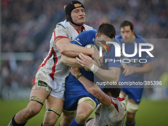 Leinster's Jack Conan challenged by Ulster’s Dan Tuohy (right) and Clive Ross (right), during the Guinness PRO12’ match, at RDS Arena in Dub...