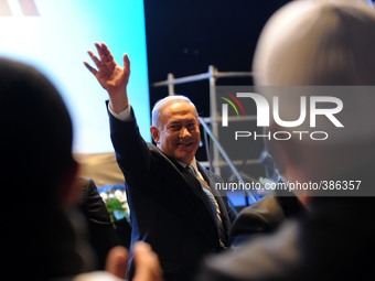 Israeli Prime Minister and leader of the Likud Party Benjamin Netanyahu with attends the Party conference in Tel Aviv, January 05 2015.  (