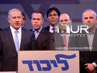Israeli Prime Minister and leader of the Likud Party Benjamin Netanyahu with Likud party leaders at the Party conference in Tel Aviv, Januar...