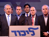 Israeli Prime Minister and leader of the Likud Party Benjamin Netanyahu with Likud party leaders at the Party conference in Tel Aviv, Januar...