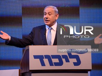 Israeli Prime Minister and leader of the Likud Party Benjamin Netanyahu speaks to party members, at the Party conference in Tel Aviv, Januar...