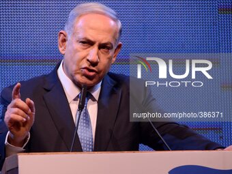 Israeli Prime Minister and leader of the Likud Party Benjamin Netanyahu speaks to party members, at the Party conference in Tel Aviv, Januar...