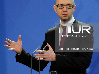 Ukrainian Prime Minister Arsenij Jacenjuk  is speaking at 08.01.2015 in the Office of the Federal Chancellor in Berlin, Germany at a press c...