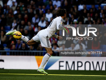 SPAIN, Madrid: Real Madrid's Welsh forward Gareth Bale during the Spanish League 2014/15 match between Real Madrid and Espanyol, at Santiago...