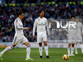 SPAIN, Madrid: Real Madrid's Welsh forward Gareth Bale scores a goal during the Spanish League 2014/15 match between Real Madrid and Espanyo...