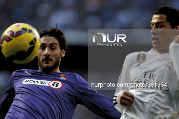 SPAIN, Madrid: Real Madrid's Portuguese forward Cristiano Ronaldo and Espanyol´s Defender player Daniel Colotto  during the Spanish League 2...