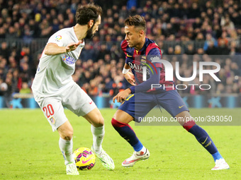 BARCELONA - january 11- SPAIN: Neymar Jr. and Juanfran in the match between FC Barcelona and Atletico Madrid, for the week 18 of the spanish...
