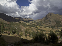 The Andes Mountains near Cusco Peru on July 7, 2014. The potato is Perus most important food crop and farmers have been harvesting potatoes...