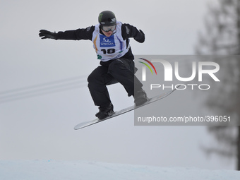 Nate Holland from USA, during a Men's Snowboardcross Qualification round, at FIS Snowboard World Championship 2015, in Kreischberg. Kreischb...