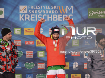 (L-R) Kevin Hill (Canada), Luca Matteotti (Italy) and Nick Baumgartner (USA), a podium of Men's Snowboard at FIS Snowboard World Championshi...