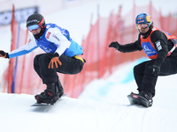 (L-R) Alessandro Haemmerle from Austria, Alex Pullin from Australia, during a Men's Snowboard Cross Small Final, at FIS Snowboard World Cham...