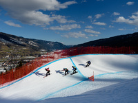(L-R) Alex Pullin (AUS) , Kevin Hill (Can), Paul Berg (GER) and Anton Lindfors (FIN) , during a Men's Snowboard Cross Quarter Final 1, at FI...