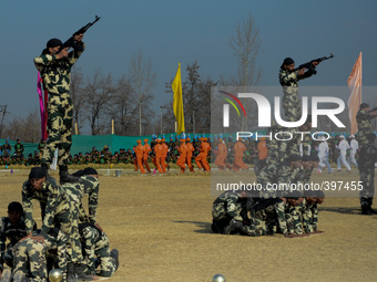 SRINAGAR, INDIAN ADMINISTERED KASHMIR, INDIA - JANUARY 16: The recruits of Indian Central Reserve Police Force Constables (CRPF) stand in fo...