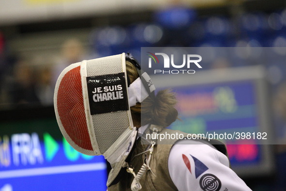 Gdansk, Poland 17th, Jan. 2015 Artus Court 2015 fencing cup in Gdansk. Astrid Guyart (FRA)  fights against Maki ITO (JPN) wearing the JE SUI...