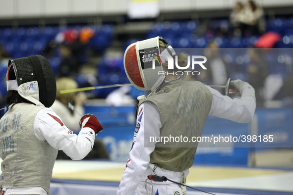 Gdansk, Poland 17th, Jan. 2015 Artus Court 2015 fencing cup in Gdansk. Astrid Guyart (FRA)  fights against Maki ITO (JPN) wearing the JE SUI...